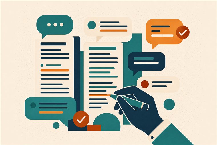 Editorial illustration of a hand annotating speech bubbles and text columns, representing content design.