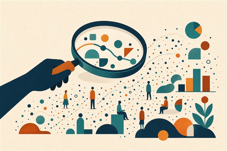 Editorial illustration of a magnifying glass resolving scattered data points and figures into a clear pattern, representing UX research.