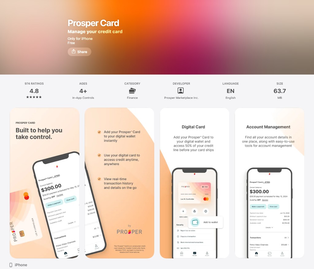 App Store listing for Prosper Card, showing manage your credit card, ratings, and screens for card overview, digital wallet, and account management.