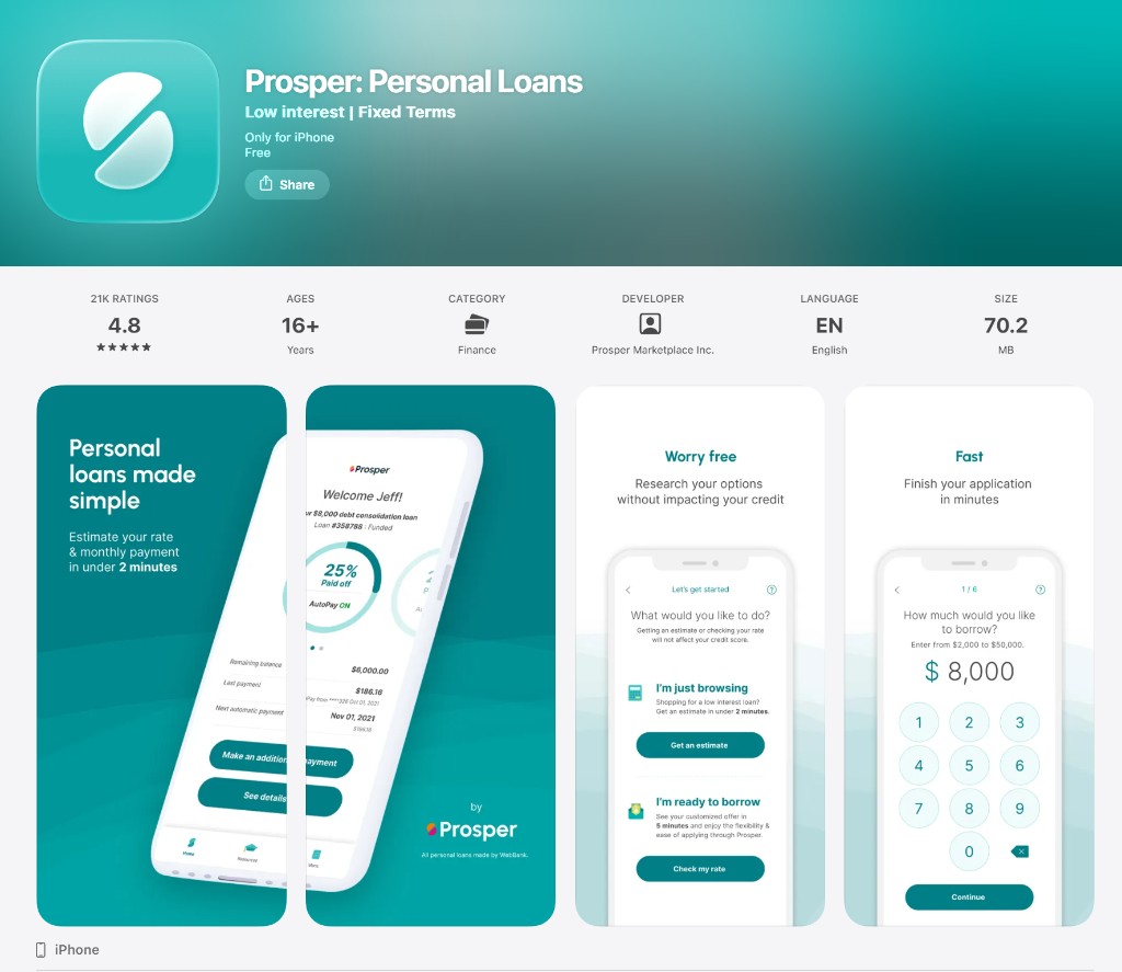 App Store listing for Prosper: Personal Loans, showing low interest and fixed terms, ratings, and app screens for rate estimates and account management.