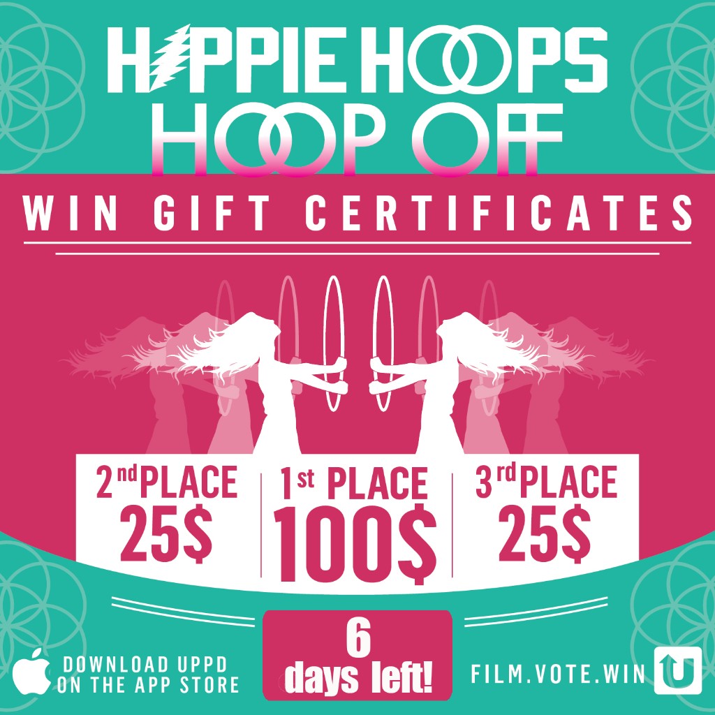 Hippie Hoops Hoop Off flyer: hula hoop contest with gift certificate prizes, hosted on Uppd